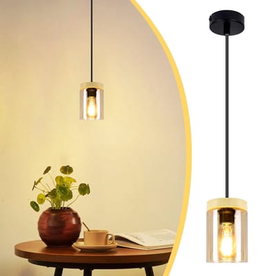 NETTLIFE Hanglamp glas - hout - E27 fitting - vintage - metaal met houten lampenkap - voor eetkamer keuken woonkamer slaapkamer-excl. lichtbron