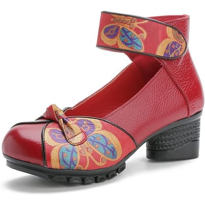 Printemps Nouvelles Chaussures à Talons Bas en Cuir de Vachette de Première Couche à Semelle Souple pour Chaussures pour Femmes pour Style Ethnique Cuir Véritable Imprimé Chaussures Simples 37 brown