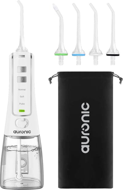 Auronic Waterflosser - Monddouche Elektrisch - 3 Standen - Draadloos en Oplaadbaar - 300 ml - 4 Opzetstukjes - Wit