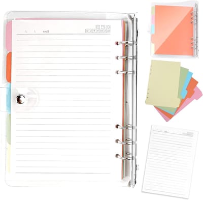 Dailygoods - Notitieboek ringbandje: transparante ringband, zacht pvc notitieboek, 6 ronde, navulbaar, ringband, dagboek met A5-vulpapier, ringband met verdeler, voor kantoor, school, dagboek
