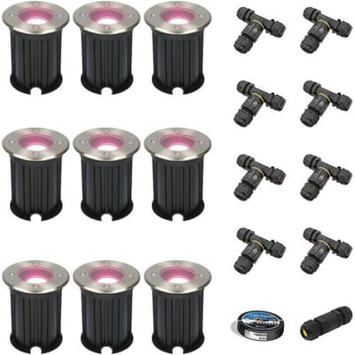 Set van 9 Maisy Smart Grondspots Rond - Ø12cm - 5.5 Watt 400 lumen - RGBWW - Wifi + Bluetooth - Bestuurbaar via app - IP67 waterdicht - Google Home - Amazon Alexa - RVS - Inclusief installatiemateriaal (Kabel & connector)