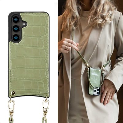 Selencia Hoesje - Geschikt voor Samsung Galaxy S24 - Croco Backcover met koord en pashouder - Sage Green