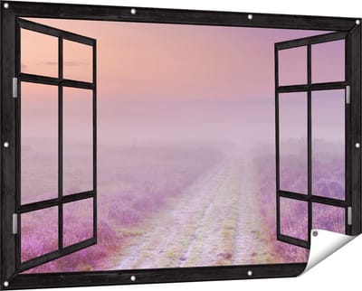 Gards Tuinposter Doorkijk Pad in de Weide tijdens de Mist - 150x100 cm - Tuindoek - Tuindecoratie - Wanddecoratie buiten - Tuinschilderij