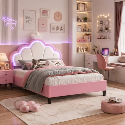Gestoffeerd meisjesbed 140x190cm met ledverlichting, kindertweepersoonsbed met in hoogte verstelbaar hoofdeinde, lattenbodem, jeugdbed, Roze fluwelen prinsessenbed