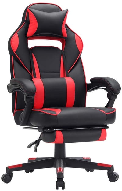 Gamerstoel ergonomische bureaustoel 67×66×116-126cm zwart rood met voetensteun hoofdsteun en lendensteun rugleuning verstelbaar 90°-135° kantelbaar met vergrendeling draagvermogen 150kg geschikt voor gamekamer studeerkamer en kantoor