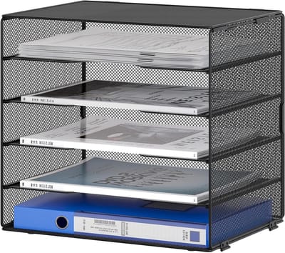 Vijflaags metalen mesh A4 bureau-organizer, bestandshouder en tijdschriftopslag voor kantoor en thuis, zwart