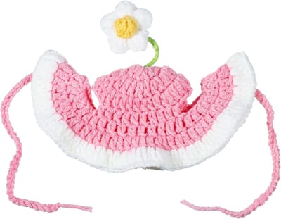 Daity Een schattige kattenmuts met bloemenprint, een leuk feestmutsje met oorgaatjes en een verstelbaar bandje, gemaakt van zacht en lief katoen, maat S, geschikt voor kinderen onder de 2,5 kg met een hoofdomtrek van 25 cm (roze).