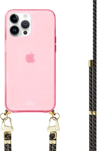 xoxo Wildhearts silicone case met koord - Roze telefoonhoesje met koord - telefoonketting - Gold Goddess - Cord Case - geschikt voor Apple iPhone 12 Pro - Zwart koord met gouden accenten