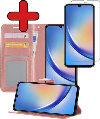Hoesje - Met Screenprotector - Geschikt voor Samsung Galaxy A34 - Luxe Pasjeshouder - Flipcase - Bookcase Portemonee - Flip Case - Kunstleer Book Case - Book Cover - Walletcase - Portemonneehoes - Telefoonhoes - Rosé goud