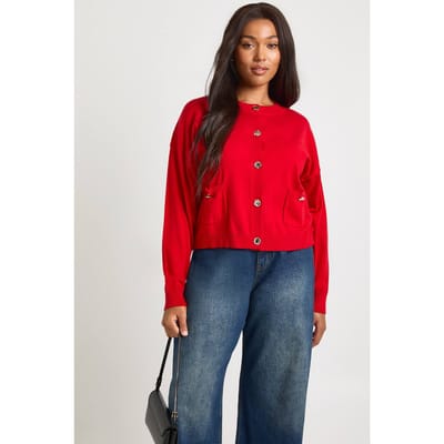 boohoo Dames Plus geribbelde gebreide cardigan met knopen | Rood | Maat: 56