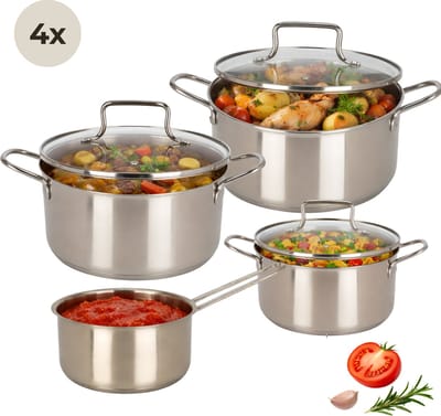 Lomera Pannenset - Rvs Pannenset - Kookpannenset - Kookpannen Set - Kookpannen Met Deksel - Pannenset Met Deksels - 4 Delige Pannenset - Zilveren Pannenset - Steelpan Set