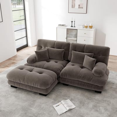 Komhtom Cloud-hoekbank voor de woonkamer, tweezitsbank van chenille met 2 rugkussens en 2 sierkussens, gestoffeerde bank met brede armleuningen en chaise longue, bruine chenille