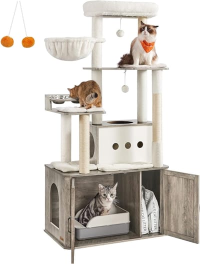 YOR® Krabpaal Voor Zware Katten – Grote & Stevige Krabpaal - Krabpaal Voor Grote Katten - Kat Toren – Krabton – Hoge Krabpaal 90 cm - XXL - Katten Verblijf Met 2 Huisjes – Krabtoren - Grijs gevlekt - ‎80cm x 49cm x 170cm