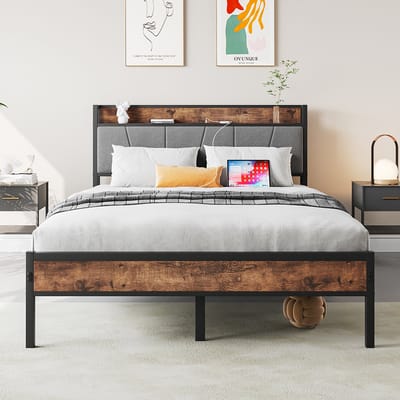 Pugsdrly Bedframe van 120 x 200 cm met slimme ledverlichting, hoofdeinde met USB-oplaadstation, steunplatform met ultrastevige metalen latten, geruisloos, eenvoudige montage, geen lattenbodem nodig