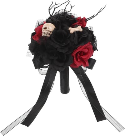 Bloemstuk - Kunstboeket - Halloween Decoratie - Met Schedeldecoratie - 26 x 17 cm - Zwart