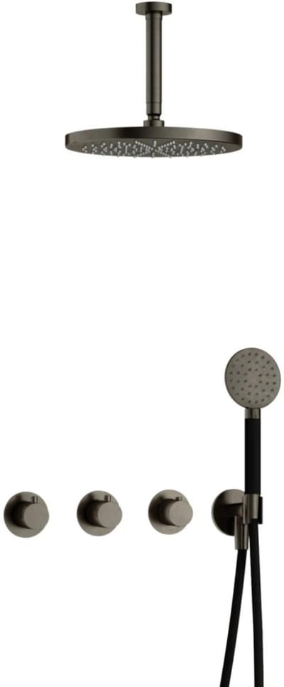 Hotbath Cobber - CB7067 - Inbouw Regendoucheset - Verouderd Ijzer - 2 Stopkranen - Thermostatisch - Plafondbuis 15 cm - Hoofddouche 300 mm - Ronde Handdouche 3 Standen - met M106 - Waterbesparend - V01