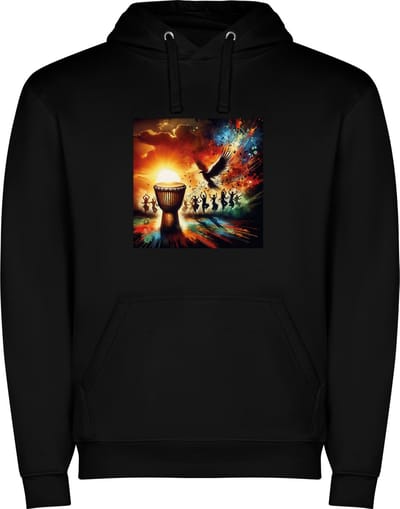 Zwarte unisex hoodie met “ Kleurrijke Bongo drums met vogel – Afrikaans – Dansen – Muziek “ Print Full Color Color merk Roly maat S