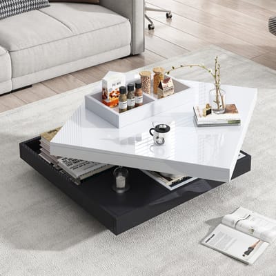 OKWISH Salontafels - Bijzettafel Met Draaibaar Desktop - 2 Lagen Opbergruimte - 70x70x36 cm - Spaanplaat - Zwart
