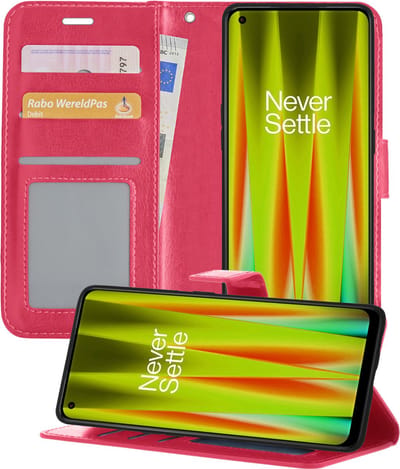 Hoesje - Met Pasjeshouder - Geschikt voor OnePlus Nord CE 2 - Luxe Bookcase Portemonee - Flip Case - Kunstleer Book Case - Flipcase - Book Cover - Walletcase - Portemonneehoes - Telefoonhoesjes - Donkerroze