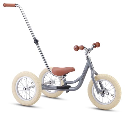 Køvapää Driewieler 2 in 1 Loopfiets - Driewieler met Duwstang - 1.5 t/m 4 jaar - Met Naamsticker - Driewieler - Loopfiets met duwstang - 12 inch - Grijs