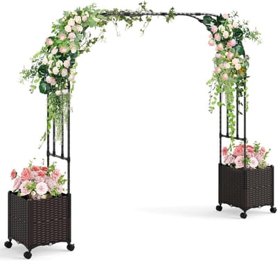 Rozenboog met Plantenbakken en Wielen, Tuinboog van Metaal, Klimhulp voor Rozen en Bloemen (288 x 40 x 202 cm)