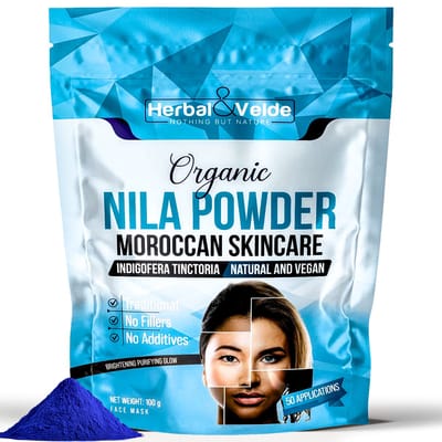 Herbal&Velde® Nila Poeder 100g – 100% Natuurlijke Blauwe Klei uit Marokko – Bio Gezichtsmasker voor Diepe Reiniging & Stralende Huid | Inc. Doseer lepel |
