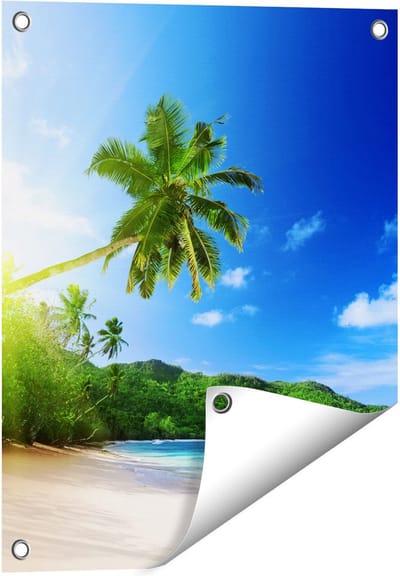 Gards Tuinposter Strand tijdens Zonsondergang in Seychellen - 40x50 cm - Tuindoek - Tuindecoratie - Wanddecoratie buiten - Tuinschilderij