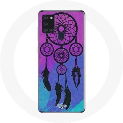 Samsung Galaxy A21S hoesje met droomvanger, zwart, blauw en paarse achtergrond.