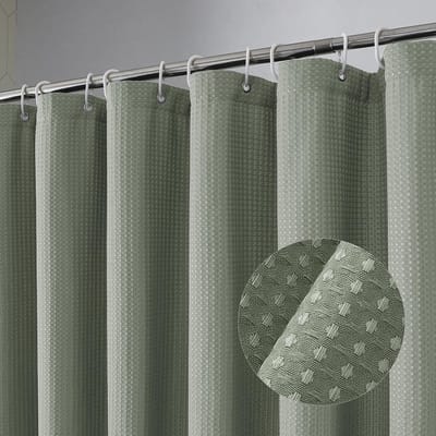 Douchegordijnset - 180*180 cm, Wafelweefsel 230 G/m² Verdikt Gordijn, Geschikt Voor Smalle Douchecabines, Machinewasbaar, Inclusief 12 Plastic Haken, Saliegroen