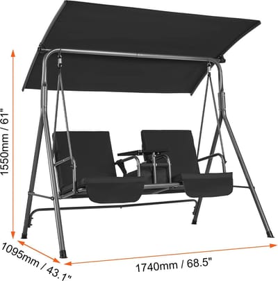 Schommelbank - Schommelbanken - Schommelbank 3 Personen - Hangbank - Hollywoodschaukel - 2-Zits - met Verstelbare Luifel Verwijderbaar Dik Kussen - 68x44inch - Zwart