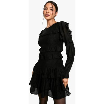 boohoo Dames Sheered Long Sleeve Ruffle Mini Dress | Black | Maat: 12