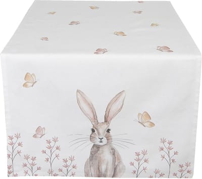 Clayre & Eef Tafelloper 50x140 cm Wit Bruin Katoen Konijn