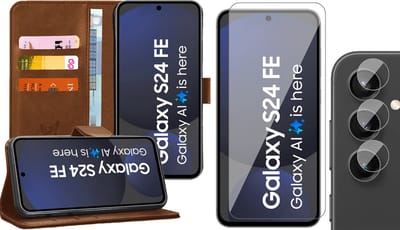 Hoesje geschikt voor Samsung Galaxy S24 FE - Screenprotector Glas & Camera - Portemonnee Book Case Bruin