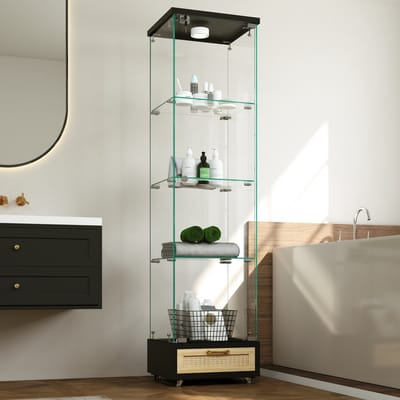 Vitrinekast - 42,5x36,5x167 cm - LED Verlichting met Lade en 4 Planken - Gehard Glas - Zwart
