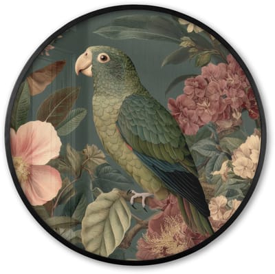 Poster in lijst Rond - Fotolijst 60x60 cm - Posters - Groene papegaai - Kleurrijke bloemen - Donkere achtergrond - Ronde posterlijst zwart - Decoratie - Wanddecoratie woonkamer - Muurdecoratie slaapkamer