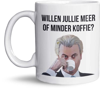 NietMokken.nl - Grappige Mok – “Willen Jullie Meer of Minder Koffie?” – Geert Wilders Mok – Leuk als Cadeau – Grappige Koffiemok – Aan Beide Zijden Bedrukt – Vaatwasser- en Magnetronbestendig - Keramische Tas 325ml