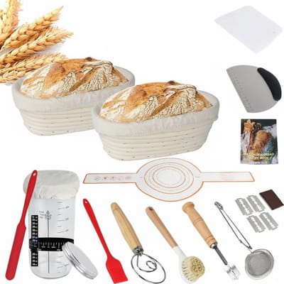 Famanu – Zuurdeeg starterset - 18-delig - ronde & ovale fermentatiemandjes - broodbakken - starterset - brood - bakaccessoires voor professionele thuisbakkers