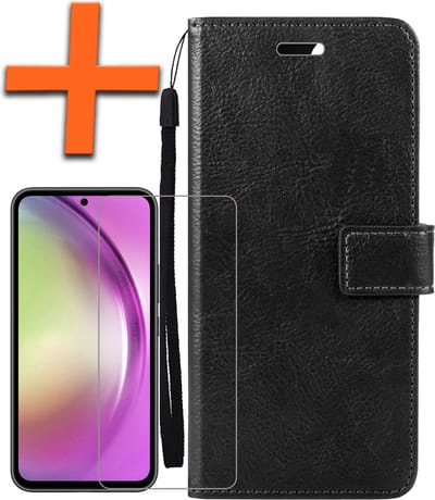 Hoes - Met Screenprotector - Geschikt voor Samsung Galaxy A54 - Luxe Pasjeshouder - Bookcase Portemonee - Flip Case - Kunstleer Book Case - Flipcase - Book Cover - Walletcase - PortemonneeHoes - Zwart