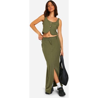 boohoo Dames Pinstripe Split Front Column Maxi Skirt | Kaki | Maat: 34