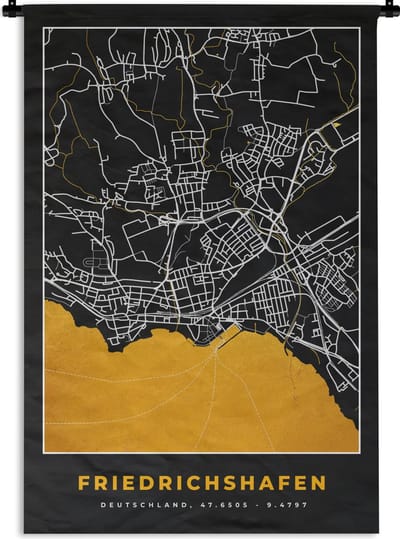 Wandkleed - Wanddoek - Stadskaart – Plattegrond – Duitsland – Goud – Friedrichshafen – Kaart - 120x180 cm - Wandtapijt