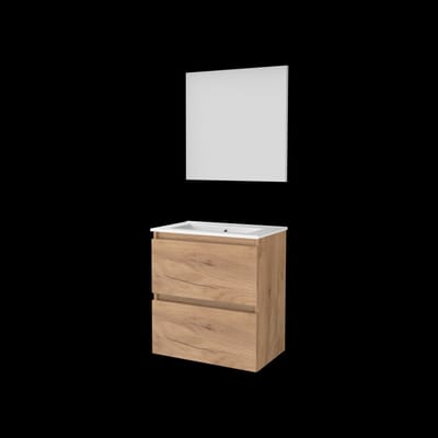 Basic-Line Basic 39 Badkamermeubelset - Ondiep - 60 x 39 cm - Greeploos - 2 Lades - Keramische Wastafel - 1 Kraangat - Spiegel - Whisky Oak