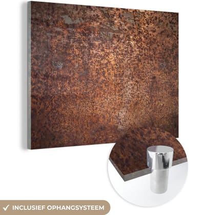 MuchoWow® Glasschilderij 160x120 cm - Schilderij acrylglas - Staal - Roest - Brons - Structuur - Foto op glas - Schilderijen