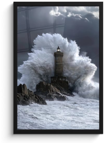Poster in lijst - Fotolijst 40x60 cm - Posters - Golf - Vuurtoren - Schuimend water - Posterlijst zwart - Decoratie - Wanddecoratie woonkamer - Muurdecoratie slaapkamer