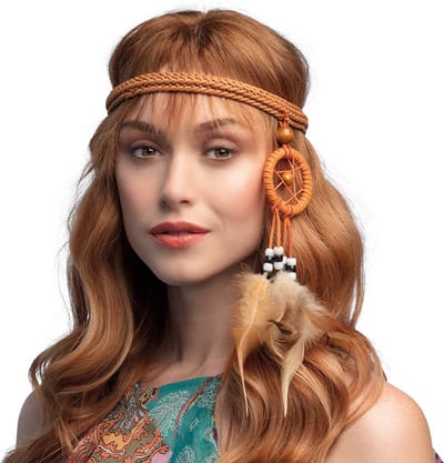 Hippie hoofdband met veren - Dreamcatcher - Dromenvanger - Haarband - Haaraccessoires - Bohemian - 60's en 70's - Bruin/oranje