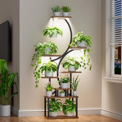 MELVRA Plantenstandaard met Kweeklampen – 157,5 cm Hoog – 8 Lagen – S-Vormig Plantenrek – Verlicht Hoekrek voor Binnen – Zwart
