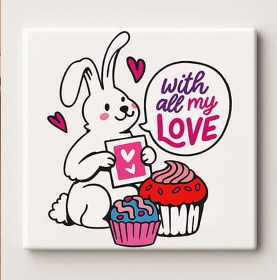With All My Love Keramische Tegel – 15x15 cm Schattig Konijn met Cupcakes Ontwerp – Lief Cadeau voor Valentijnsdag & Huisdecoratie