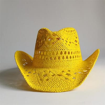 Nouveau Chapeau de Cowboy en Paille Jaune Tressé à la Main Creux pour Hommes et Femmes Chapeau de Soleil d'Été Chapeau de Paille Jazz Chapeau de Cowboy Western Sombrero 55-58CM brown