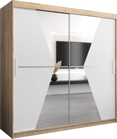 InspireMe - Kledingkast met 2 schuifdeuren, Modern-stijl, Een kledingkast met planken en een spiegel (BxHxD): 200x200x62 - TOTO 200 Sonoma Eik + Wit Mat