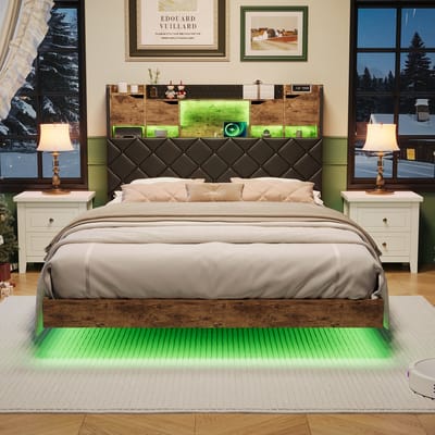 Zwevend Bedframe 160x200 met LED & Opbergruimte – Metaal & Walnoot – USB, USB-C & Stopcontact