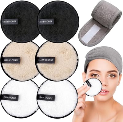 Set van 7 Herbruikbare Makeup Remover Pads met Spa Hoofdbanden, Grote Dubbelzijdige Wasbare Microvezel Katoenen Pads voor Alle Huidtypes en Effectieve Reiniging